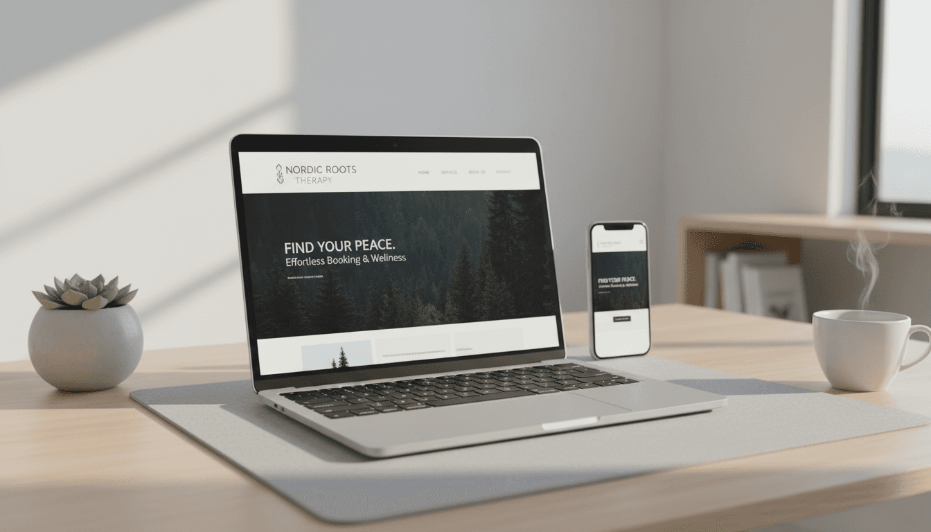 Modern laptop displaying a professional responsive website design in a clean workspace