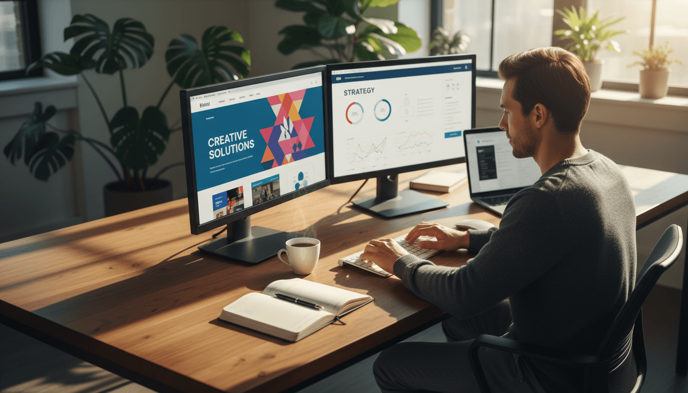 Professional at workspace designing websites on dual monitors