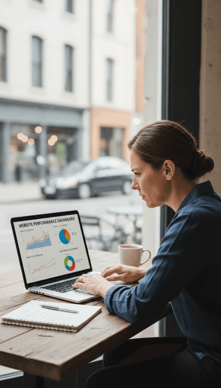 Business owner reviewing website performance and customer data