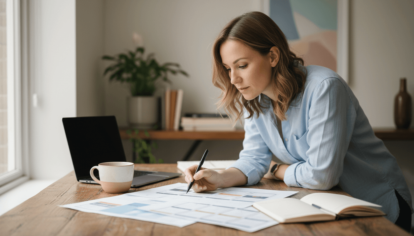 Business owner reviewing website design mockups at desk