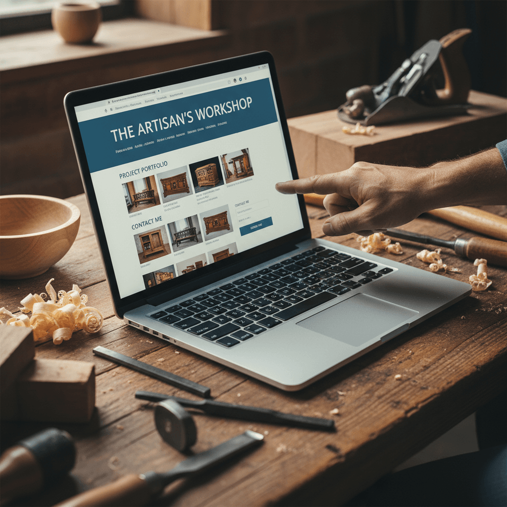 Craftsman website portfolio displayed on workshop laptop