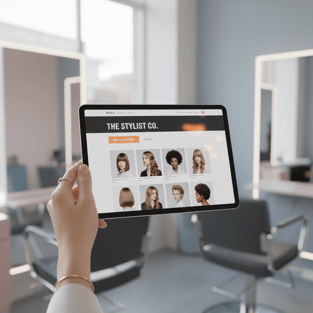 Hair salon website booking interface on tablet