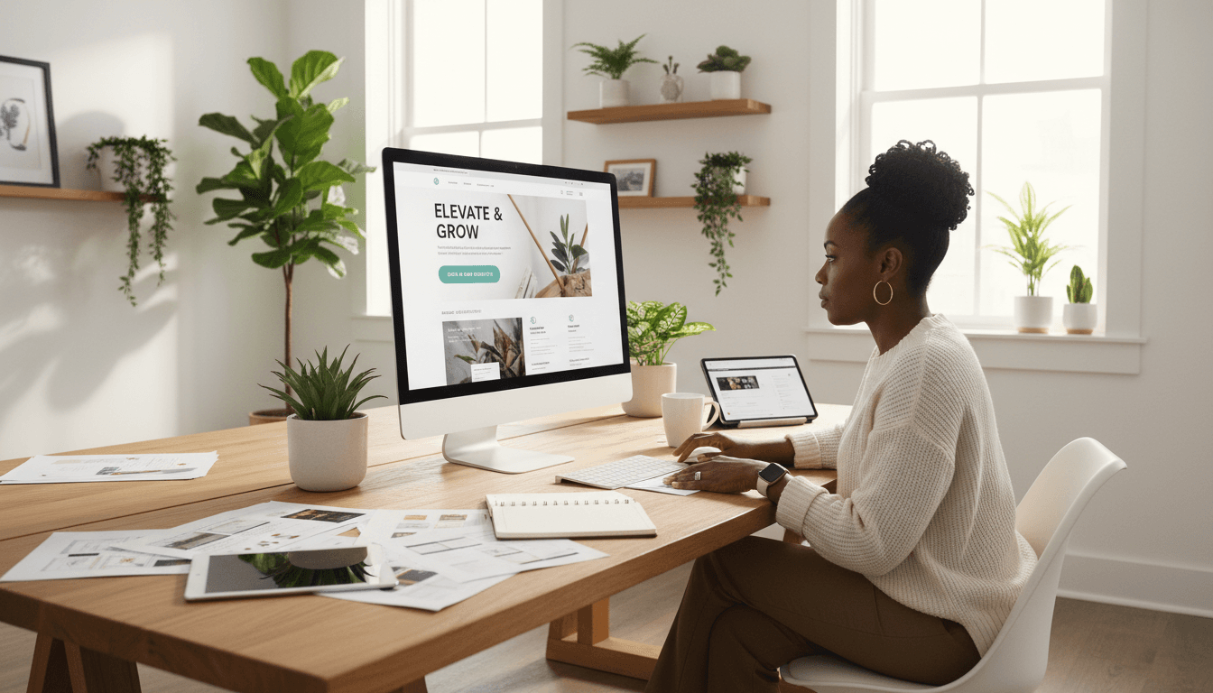 Business owner viewing completed responsive website design on desktop monitor in bright, modern office workspace