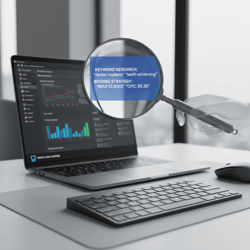 Magnifying glass examining laptop screen with Google Ads campaign keywords and bidding strategy displayed